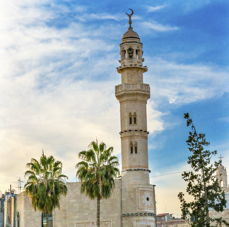 Islamic Mosque Tower Church of the Nativity Altar Nave Bethlehem West Bank Palestine. Chruch located above cavegrotto where Jesus was born.の写真素材