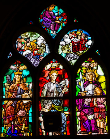 Wisdom Peace Justice Chaos Peace Jesus Christ Stained Glass Window De Krijtberg Church Amsterdam Holland Netherlands.のeditorial素材