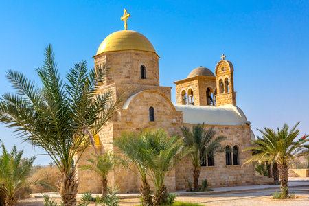 John Baptist Greek Orthodox Church Near Jordan River Jesus Baptism Site John Baptist Bethany Beyond Jordan.  Actual baptism site of Jesus.  Jordan River Moved and Ruins are of Byzantine Churches marking spot of baptism.  Rediscovered late 1990s and early のeditorial素材