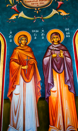Female Saints Fresco John Baptist Greek Orthodox Church Jesus Baptism Site John Baptist Bethany Beyond Jordan.  Actual baptism site of Jesus.  Jordan River Moved and Ruins are of Byzantine Churches marking spot of baptism.  Rediscovered late 1990s and earのeditorial素材