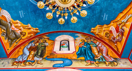 Baptism Fresco Chandelier John Baptist Greek Orthodox Church Jesus Baptism Site John Baptist Bethany Beyond Jordan.  Actual baptism site of Jesus.  Jordan River Moved and Ruins are of Byzantine Churches marking spot of baptism.  Rediscovered late 1990s anのeditorial素材
