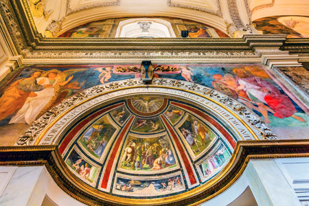 Christian Frescoes Santa Maria Della Pace Church Basilica Dome Rome Italy.  Church built in 1400 and 1500s by Pope Sixtus IV on the spot where a painted Madonna was pierced and blood came out.のeditorial素材