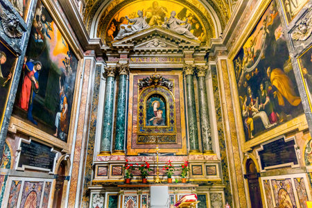 Mary Shrine Christian Paintings Santa Maria Della Pace Church Basilica Rome Italy.  Church built in 1400 and 1500s by Pope Sixtus IV on the spot where a painted Madonna was pierced and blood came out.のeditorial素材