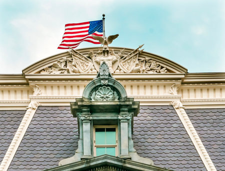Roof Decorations Flag Old Executive Office Dwight Eisenhower Building, Vice President's Office Washington DC.  Located next to White House, built from 1871 to 1888のeditorial素材