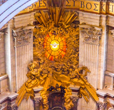 Throne Bernini Holy Spirit Dove From Dome Saint Peter's Basilica Vatican Rome Italy.  Bernini created Saint Peter's Throne with Holy Spirti Dove Stained Glass Amber in 1600sのeditorial素材