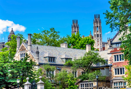 Twin Towers Ornate Victorian Buildings Sterling Law School Building Summer Yale University New Haven Connecticut.  Completed in 1931 and one of the best US law schoolsのeditorial素材