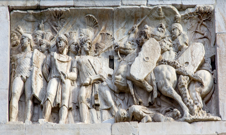 Roman Legionnaires Military Battle Arch of Constantine Rome Italy Arch built in 315 AD to celebrate Emperor Constantine's victory in 312 over co-emperor Maxenntius.  Constantine attributed victory to vision of Jesus Christ, made Christianity legalの写真素材