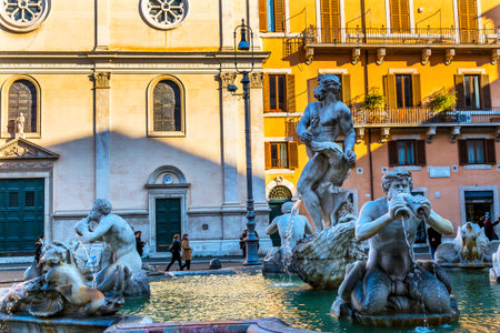Bernini Fontana Quattro dei Fiumi Fountain Fountain of Four Rivers Piazza Navona Rome Italy.  Piazza site of Roman racetrack created in 1600s.  Bernini created fountain in 1651.のeditorial素材