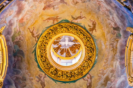 Holy Spirit Fresco Ceiling Dome Santa Maria Maddalena Church Rome Italy.  Church named for Saint Mary Magdalene, built in the 16 and 1700s, fresco by Carlos Fontana in 1700sのeditorial素材
