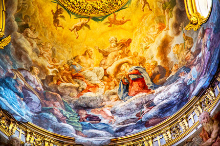 Jesus God Father Fresco Ceiling Dome Santa Maria Maddalena Church Rome Italy.  Church named for Saint Mary Magdalene, built in the 16 and 1700s, fresco by Carlos Fontana in 1700sのeditorial素材