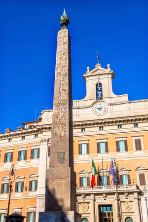 Egyptian Hieroglyphs Obelisk Montecitorio Italian Parliament Rome Italy.  Parliament where two Italiam Chambers meet.  Obelisk brought back to Rome by Augustus after beating Cleopatra, used as sundial.のeditorial素材