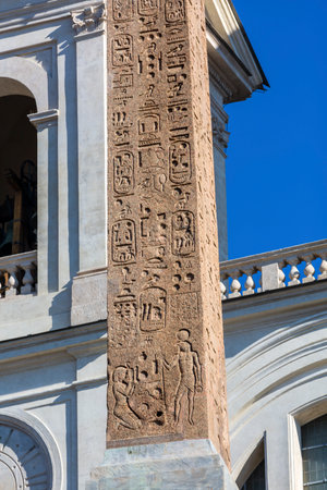 Egyptian Hieroglyphs Obelisk Sallustiano Trinita Dei Monti Church Spanish Steps Rome Italy. Obelisk originally from Egypt decorated Roman Imperial Garden. Erected front of church in 1789.のeditorial素材
