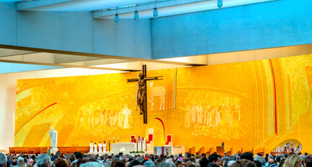 Mass Basilica Holy Trinity Erected After Lady of Rosary Fatima Portugal. Church created on site where three Portuguese Shepherd children saw Virgin Mary of the Rosary.  Basilica of Holy Trinity created in 2004.のeditorial素材