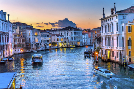 Colorful Grand Canal From Ponte Academia Bridge Buildings Ferry Boats Reflections Venice Italyの写真素材