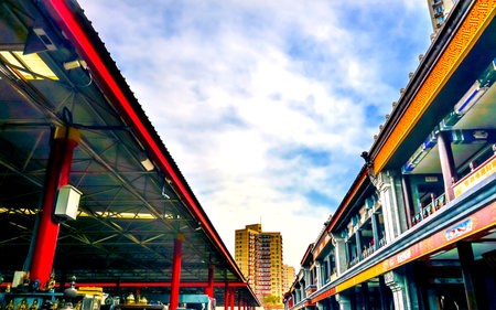 Colorful Stalll Old Buildings Panjuan Flea Market  Big Building Beijing China. Panjuan Flea Curio market has many fakes, replicas and copies of older Chinese products, many ancient.のeditorial素材