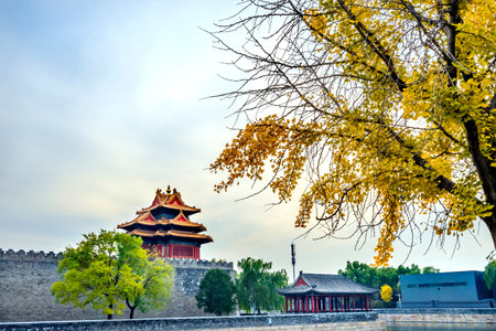 Arrow Watch Tower Yellow Tree Autumn Gugong Forbidden City  Moat Canal Plaace Wall Beijing China. Emperor's Palace Built in the 1600s in the Ming Dynasty

のeditorial素材
