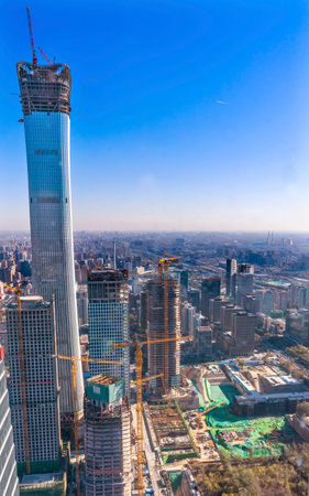 China World Trade Center Z15  Towers Skyscrapers New Construction Building Cranes Guamao Central Business District Beijing Chinaのeditorial素材