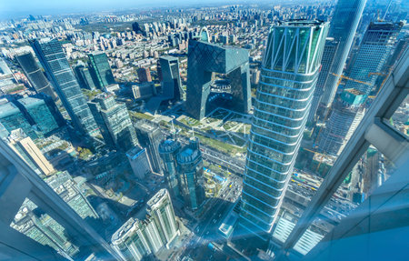 Three Big Skyscrapers China World Trade Center Z15  Towers Old Apartment Building Old New Contrast Guamao Central Business District Beijing Chinaのeditorial素材