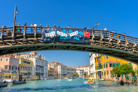 Ponte Academia Bridge Tourists Grand Canal Ferries Venice Italyのeditorial素材