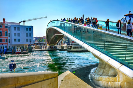Colorful Modern Ponte della Constituzione Ferry Docks Touirists Grand Canal Venice Italy.  Modern...