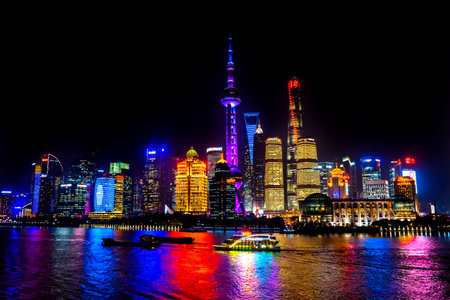 Oriental Pearl TV Tower Pudong Boats Reflections Nights Lights Huangpu River Three Skyscrapers...
