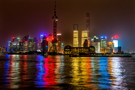 Looking Down Oriental Pearl TV Tower Pudong Bund Huangpu River Skyscrapers Cityscape Shanghai Chinaのeditorial素材