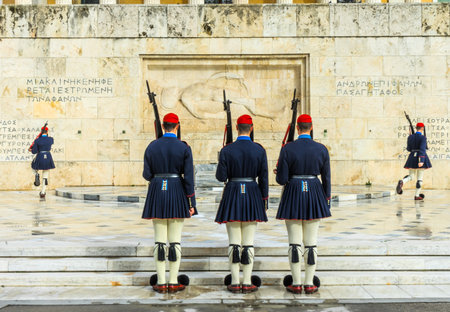 Changing the Guard Tomb of Unknown Soldiers Syntagma Square in front of Parliament Athens  Greece.  Soldiers are Evzones of the Presidential Guard.のeditorial素材