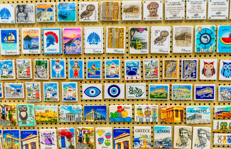 Greek Ceramic Designs Magnets Parthenon Athens Greece.  Different locations in Greece, owls symbols of Athena and Athens and Evil Eyes to ward off curses.の写真素材