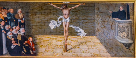 Martin Luther Chriist Altarpiece Saint Mary's City Church Stadtkirche Lutherstadt Wittenberg Germany. Martin Luther's church. Founded in 1187. Cranach Elder Installed altarpiece 1547.のeditorial素材