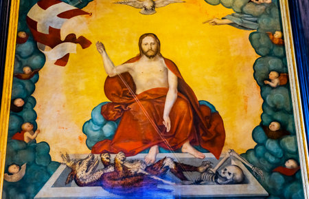 Cranach Christ Hell Altarpiece Painting Saint Mary's City Church Stadtkirche Lutherstadt Wittenberg Germany. Martin Luther's church. Founded in 1187. Cranach Elder Installed Altarpiece 1547.のeditorial素材