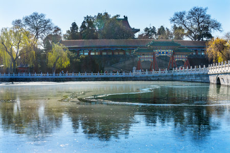 Entrance Bridge Jade Flower Island Beihai Lake Park Beijing China.  Beihai Park is a public park, which was created in 1000AD.のeditorial素材