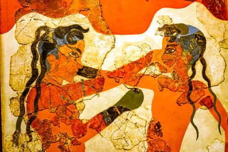 Ancient Boxers Boxing Children Fresco National Archaeological Museum Athens Greece.  From Akrotiri Ruins Santorini Island Greece 16th Century BCのeditorial素材
