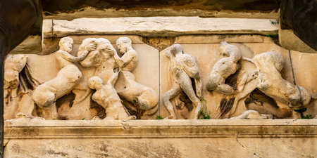 Ancient Temple of Hephaestus Battle Centaurs Sculpture Columns Agora Market Place Athens Greece....