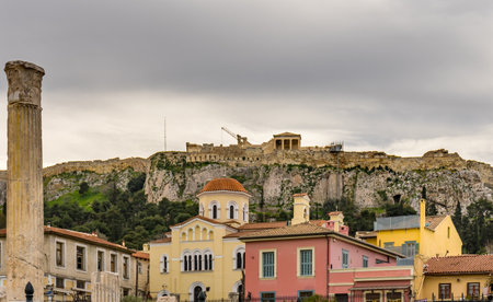 Hadrian's Library Monastiraki Square Agora Acropolis Athens Greece.  Library created Roman Emperor Hadrian 132 ADのeditorial素材