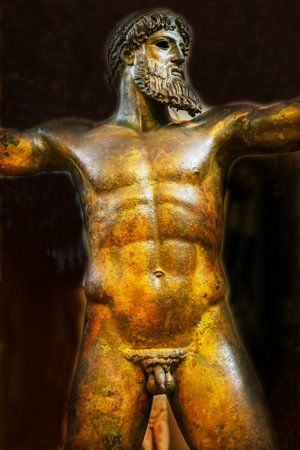 Artemision Bronze Poseiden or Zeus Greek God Statue National Archaeological Museum Athens Greece. Cast 470 440 BC, found in shipwreck Artemision Coast.のeditorial素材
