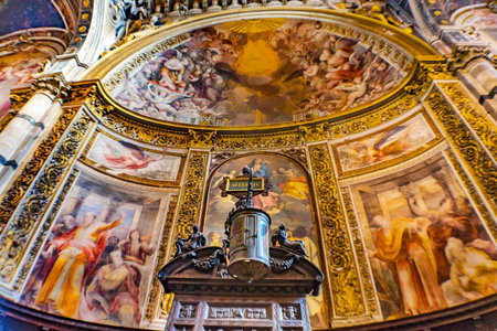 Basilica Nave Altar Paintings Cathedral Church Siena Italy. Cathedral completed from 1215 to 1263.