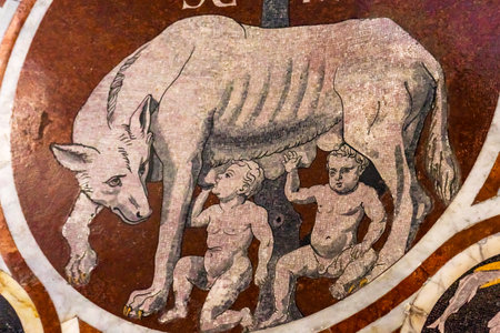 Roman Wolf Romulus Remus Founders Rome Marble Mosaic Floor Nave Cathedral Church Siena Italy. Cathedral completed from 1215 to 1263.のeditorial素材