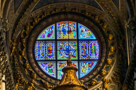 Basilica Blue Virgin Mary Saints Rose Window Stained Glass Cathedral Church Siena Italy. Completed from 1215 to 1263.のeditorial素材