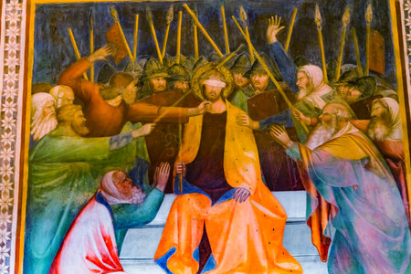 Jesus Christ Mocked Crown of Thorns Medieval Renaissance Fresco Collegiate Church of Santa Maria Assunta San Gimignano Tuscany Italyのeditorial素材
