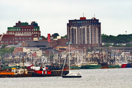 Foggy Morning Fishing Fleet Whaling Museum Sailboat New Bedford Harbor Buzards Bay Massachusetts United States.のeditorial素材