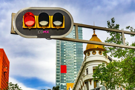 Stop Light Reforma Avenue Old Imperial Hotel built in 1896 by President Porfirio Mexico City,...