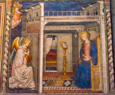 Ghirlandaio Virgin Life Fresco Annunciation Angel Baptist Father Tornabuoni Chapel Santa Maria Novella Church Florence Italy. Fresco ceated 1485のeditorial素材