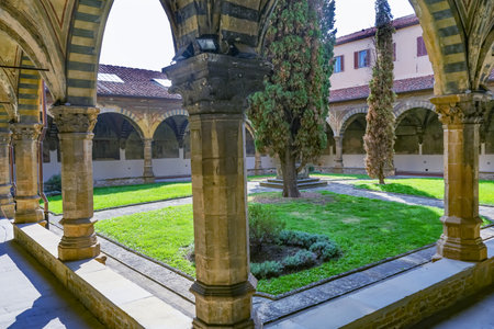 Green Cloister Santa Maria Novella Church Florence Italy. First Church in Florence founded 1357のeditorial素材