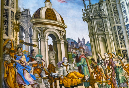 Ghirlandaio Fresco Life of Virgin Tornabuoni Chapel Santa Maria Novella Church Florence Italy. Fresco created 1485のeditorial素材