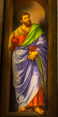 Saint Bartholomew Painting Orsanmichele Church Florence Italy. Painting from 1400s.  Bartholomew is symbolized by a knife because skinned aliveのeditorial素材