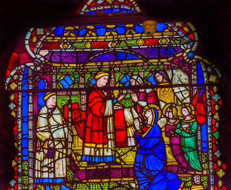 Virgin Mary Priest Sacrement Stained Glass Window Orsanmichele Church Florence Italy. Church and stained glass from 1400s.のeditorial素材