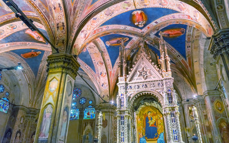 Mary Angels Stained Glass Window Orsanmichele Church Florence Italy. Church and stained glass from 1400s.のeditorial素材