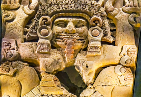 Ancient Aztec God Stone Statue Templo Mayor Mexico City Mexico. Great Aztec Temple created from 1325 to 1521 when Cortez destroyed Aztec templeのeditorial素材