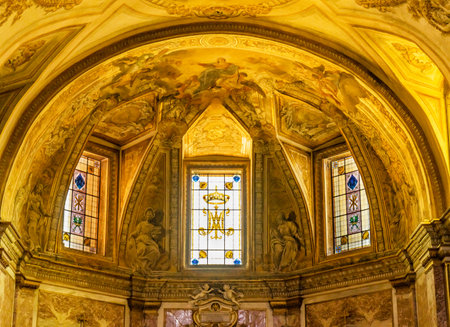 Golden Altar Stained Glass Basilica Saint Mary Angels and Martyrs Rome Italy. Church designed by Michelangelo 1560 from Emperor Diocletian Bathsのeditorial素材