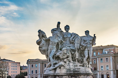 Complicated Roman Statue Ponte Bridge Vittorio Emanuele II Tiber River Evening Rome Italy. Bridge first built late 1800sのeditorial素材